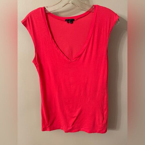 THEORY SIZE MEDIUM WATERMELON PINK SLEEVELESS V NECK TEE CAP SLEEVE - Picture 2 of 6